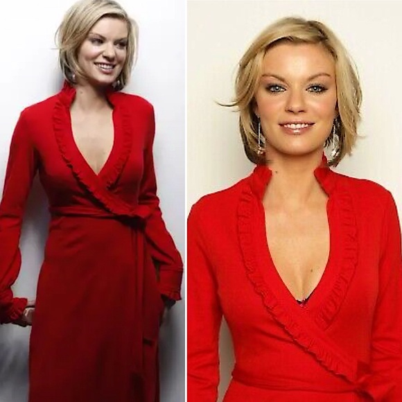 DIANE VON FURSTENBERG Volante Wrap Dress Red Wool Ruffle Trim Runway Iconic Sz 0 - Picture 3 of 16